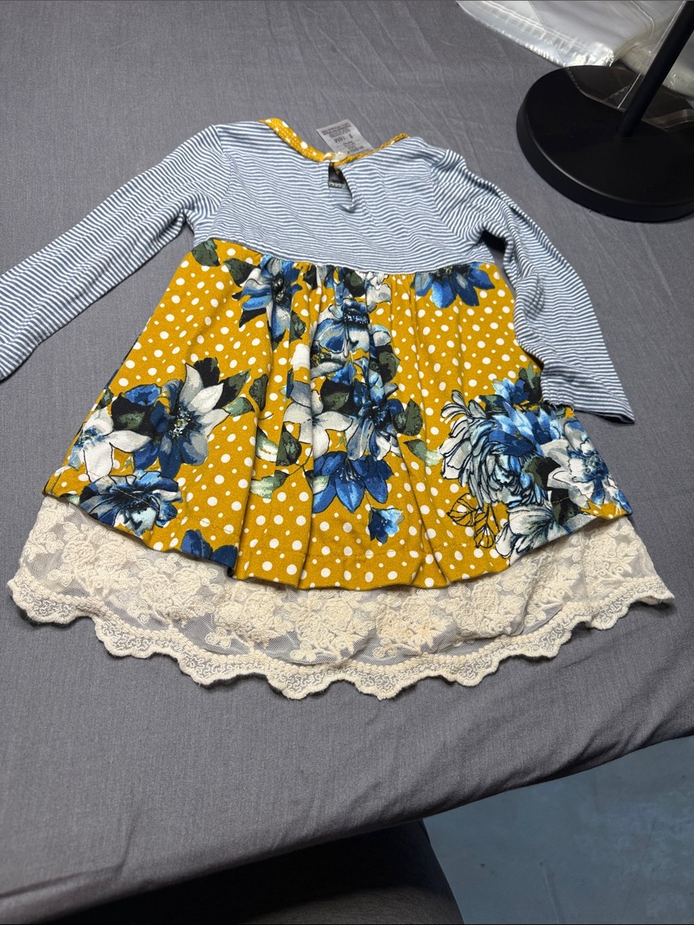 Bonnie Baby Blue-Striped Top with Mustard Floral Skirt and Cream Lace Trim - Picture 3 of 3